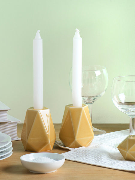 Pair of Yellow Shabbat candlesticks - Yellow Ceramic, Geometric Style,
