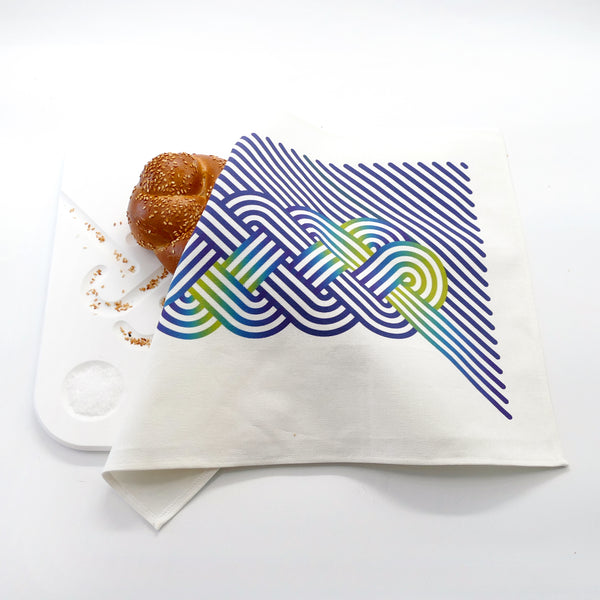 navy Blue with apple green high lights - op art Challah print on Shabbat table linen