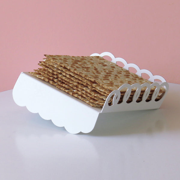 Minimalist Matzah tray- Passover Hostess gift - White Metal with Rings Pattern - Made in Israel