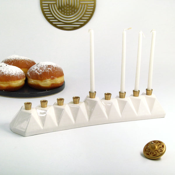 modern hanukkah menorah - white ceramic - geometric