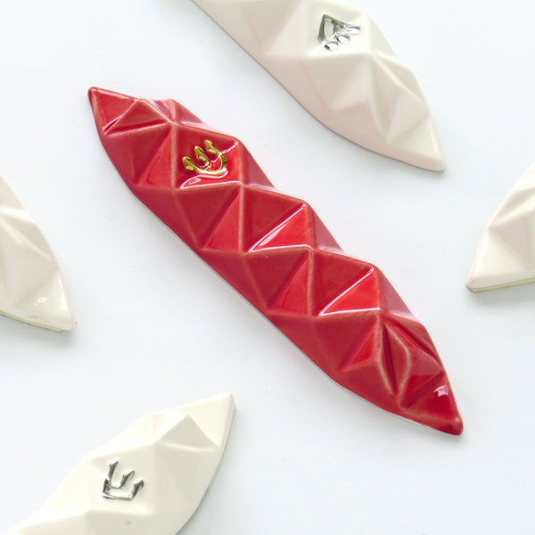 mezuzah case, red ceramic, inspired by origami
