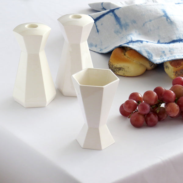 Imperfection Sale - 50% Off - Pair of Shabbat Candle Holders, White Ceramic, Minimalist Hexagon Candleholders