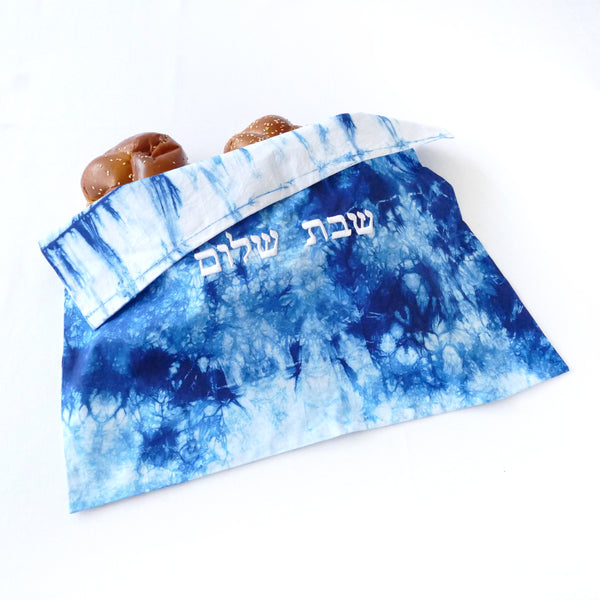 Challah cover for Shabbat table is hand dyed in deep blue over the natural shade of fine cotton.