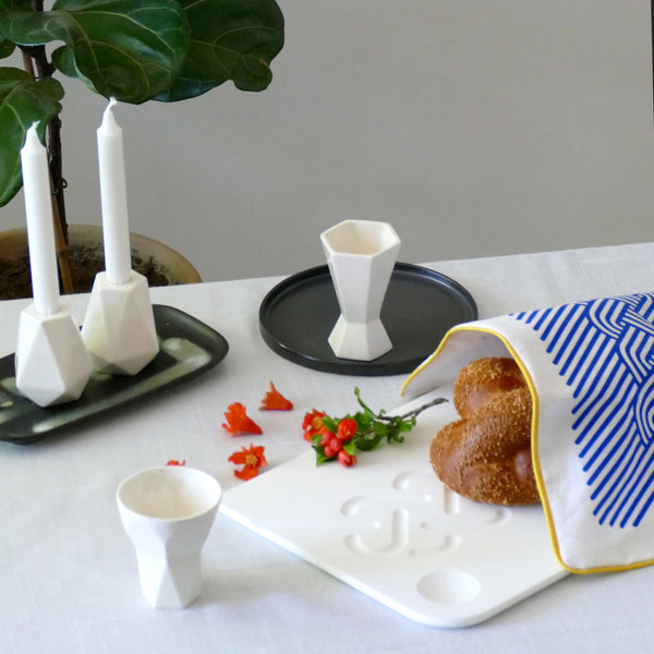 modern Shabbat table - white minimalist geometric design for Jewish family
