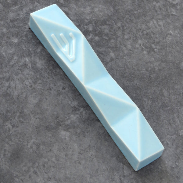 Handmade mezuzah case by Armadillo judaica lovers, Large mezuzah for front door, modern minimalist geometric style clay with light blue glaze