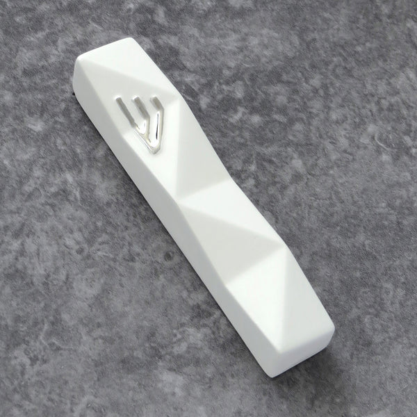 Modern mezuza white with silver "shin", geometric ceramic