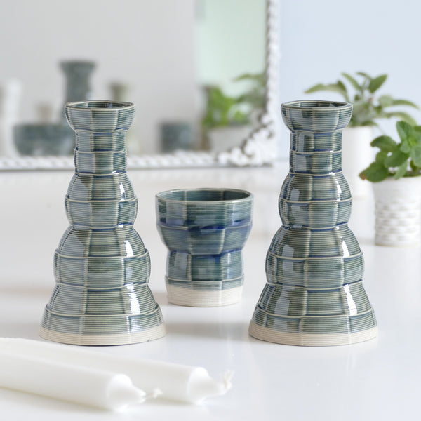 Clay 3D Printed Shabbat set, Inspired by 60's and 80's pop style - These beige and emerald shade ceramic candle holders and wine cup are a beautiful contemporary Jewish wedding gift or Bat-Mitzvah gift.