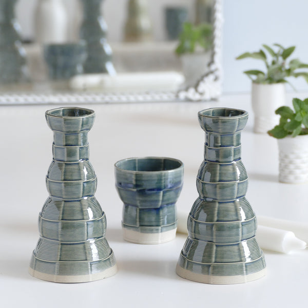 Clay 3D Printed Shabbat set, Inspired by 60's and 80's pop style - These beige and emerald shade ceramic candle holders and wine cup are a beautiful contemporary Jewish wedding gift or Bat-Mitzvah gift.