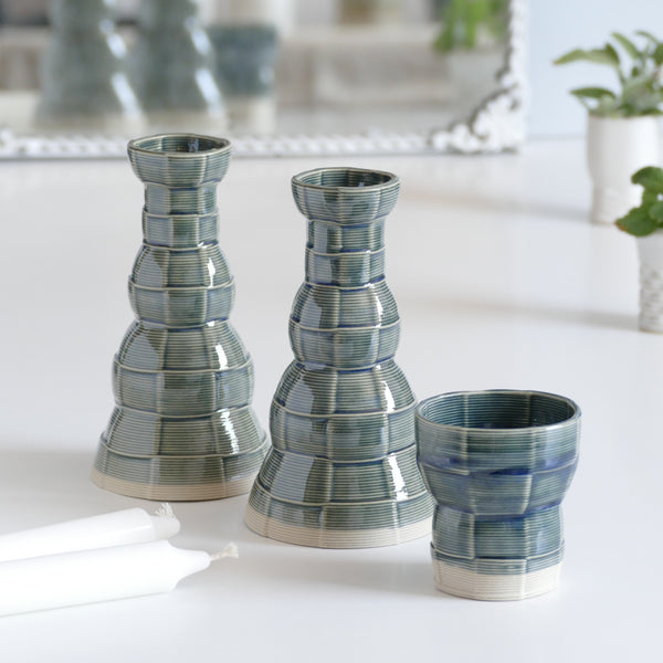 Clay 3D Printed Shabbat set, Inspired by 60's and 80's pop style - These beige and emerald shade ceramic candle holders and wine cup are a beautiful contemporary Jewish wedding gift or Bat-Mitzvah gift.