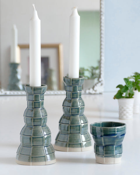 Innovative Shabbat Set, 3D Printed Clay Beige with Emerald Blue Glaze - Checkered Pattern