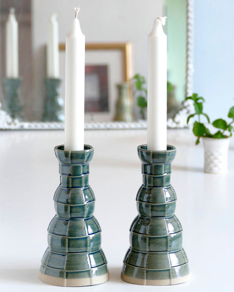 Innovative Shabbat Set, 3D Printed Clay Beige with Emerald Blue Glaze - Checkered Pattern