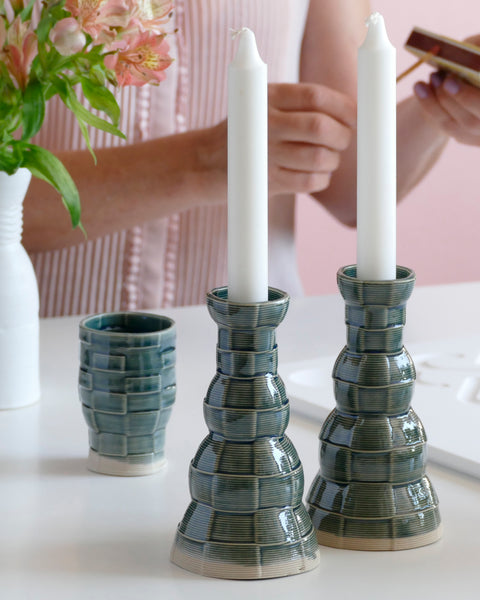 Innovative Shabbat Set, 3D Printed Clay Beige with Emerald Blue Glaze - Checkered Pattern
