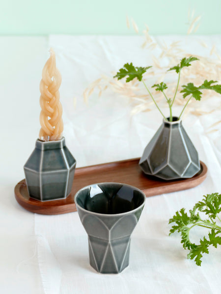 Havdalah Set - Glossy Grey Ceramic Cup, Candle holder, Besamim Spices Holder and Oval Bamboo Plate