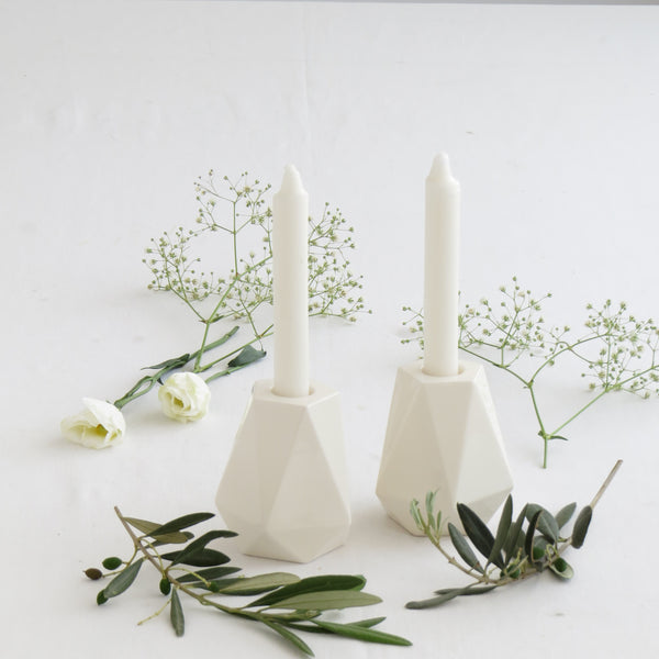 Geometric candlesticks designed in modern style. Perfect as a trendy Judaica gift, for father's day, wedding, Bar-Mitzva or any other Jewish celebration.