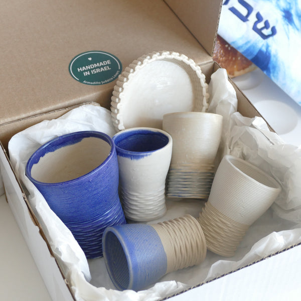 Shabbat Mystery Box - Family Set of Kiddush Cups - 1 Large and 4 Small Goblets, 3D Printed Clay, Surprise Glaze Shades in Beige Blue and Off- White