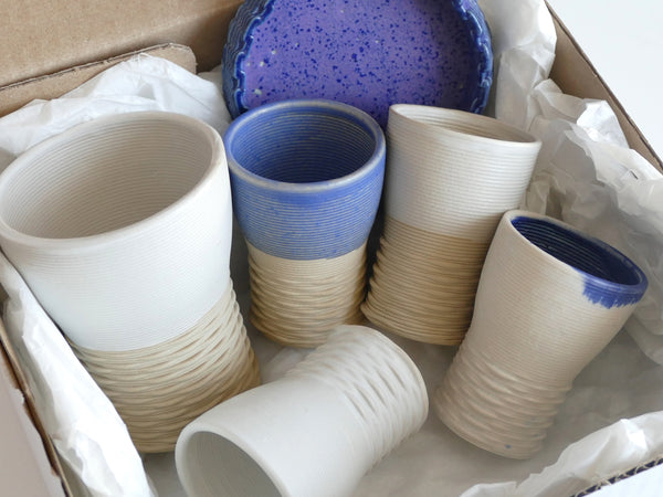 Shabbat Mystery Box - Family Set of Kiddush Cups - 1 Large and 4 Small Goblets, 3D Printed Clay, Surprise Glaze Shades in Beige Blue and Off- White