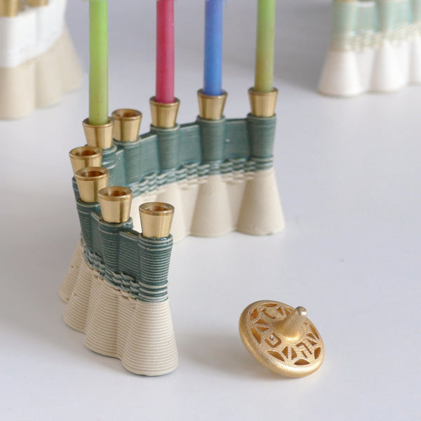 Early Bird 25% Off - Hanukkah Menorah for Early Adopters - 3D Printed Clay - Wavy in Natural Beige Shade and Forest Green Glaze