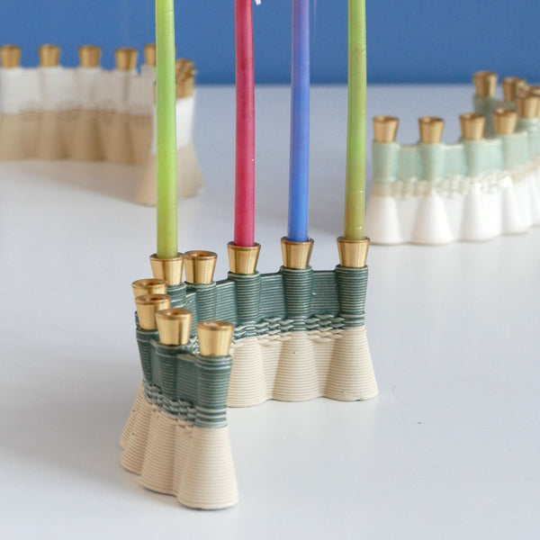 3D printed Clay Menorah in its natural sand shade, Green glaze.  Brass canes carved in a local workshop exclusively for Armadillo Judaica.