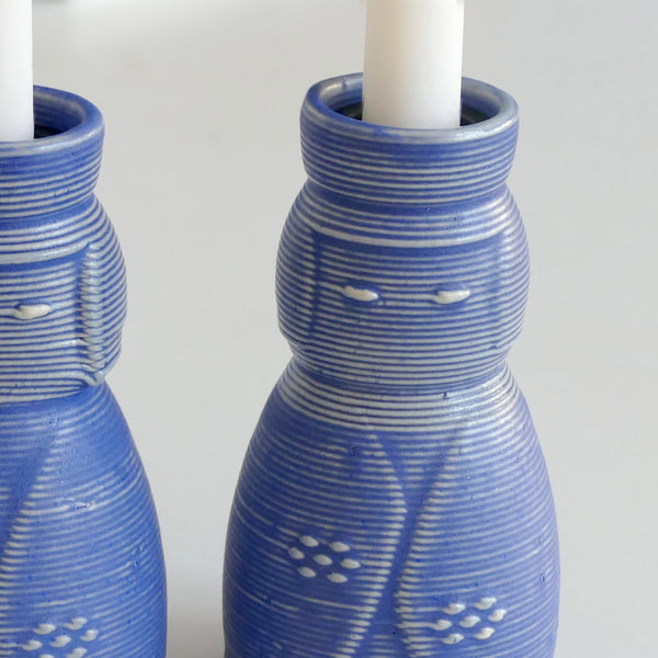 3D Printed Clay Candlesticks, Inspired by Kokeshi Doll, Pair of Shabbat Candleholders, Off White Ceramic with Blue Glaze, Early Bird Sale