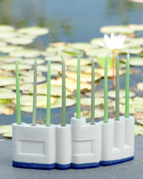 Double-Sided 'Shalom' שלום Menorah, Glossy Off White Glaze, Blue Accent