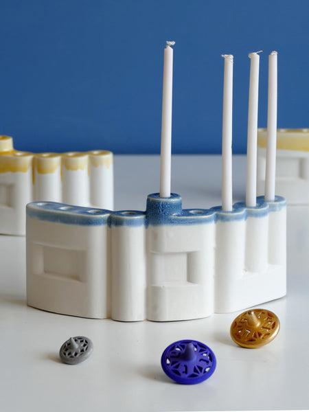 Contemporary Israeli Hanukkah Menorah, 'Shalom' שלום Hebrew Letters, OOAK Imperfection First Sample on SALE, Off White Glaze Blue Accent