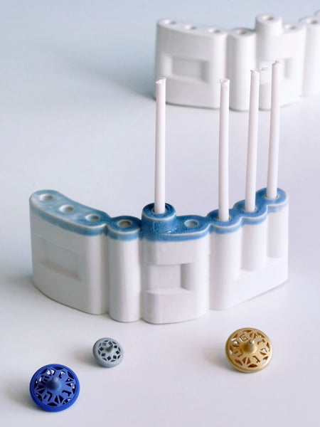 Contemporary Israeli Hanukkah Menorah, 'Shalom' שלום Hebrew Letters, OOAK Imperfection First Sample on SALE, Off White Glaze Blue Accent