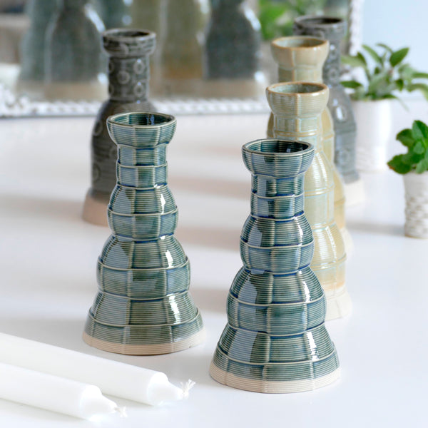 Early Bird Sale, Modern Shabbat Candleholders, 3D Printed Clay Beige with Emerald Glaze - Checkered Grid Pattern