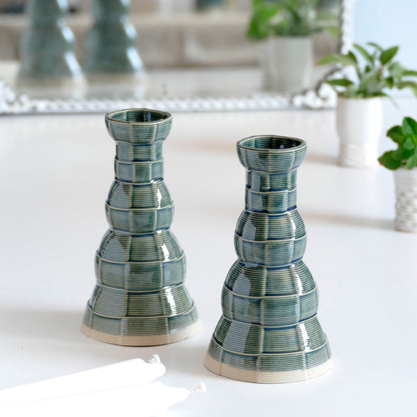 Early Bird Sale, Modern Shabbat Candleholders, 3D Printed Clay Beige with Emerald Glaze - Checkered Grid Pattern