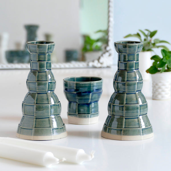 Early Bird Sale, Modern Shabbat Candleholders, 3D Printed Clay Beige with Emerald Glaze - Checkered Grid Pattern