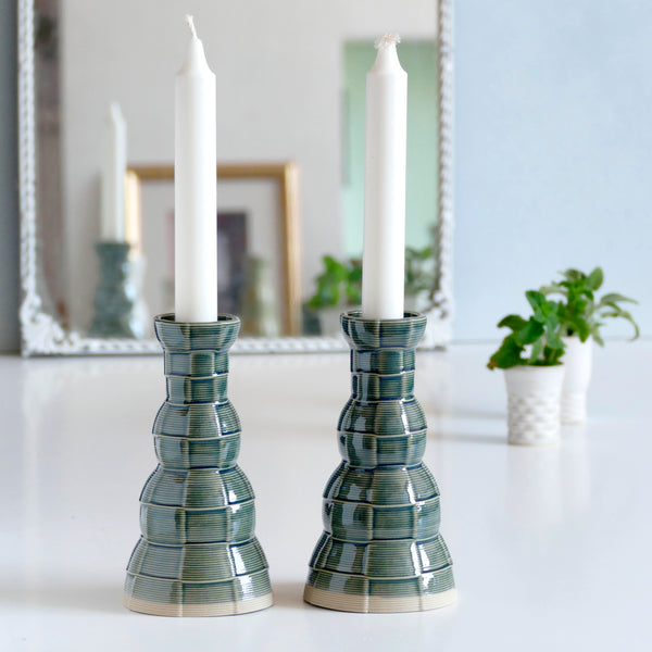 Early Bird Sale, Modern Shabbat Candleholders, 3D Printed Clay Beige with Emerald Glaze - Checkered Grid Pattern