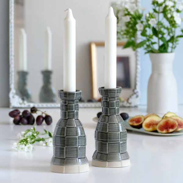 Early Bird Sale, Modern Shabbat Candleholders, 3D Printed Clay Beige with Gray Glaze - Checkered Pattern