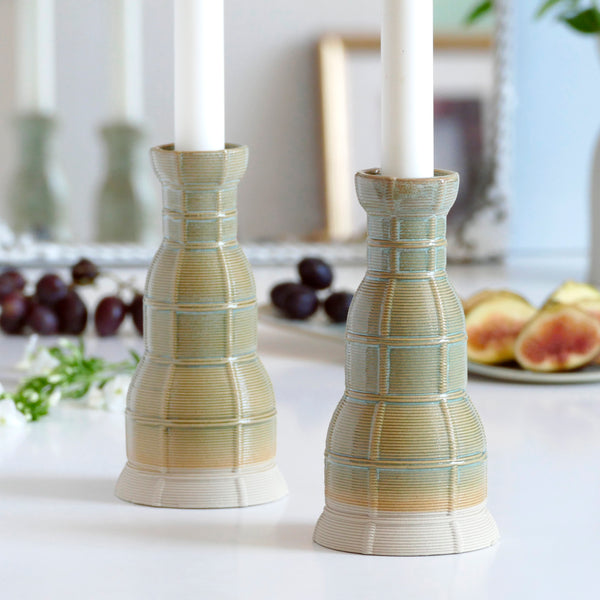 Early Bird Sale, Innovative Shabbat Set, 3D Printed Clay Beige with Mint Glaze - Checkered Grid Pattern