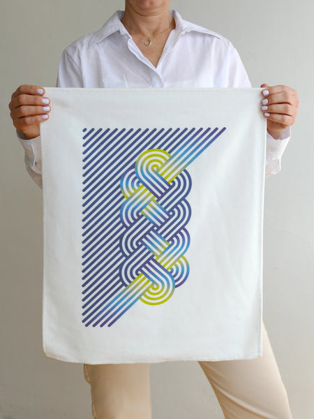New colorful collection Op-Art Challah design, state of the art digital print in full colors - on off white fine velvet.  
This design has a beautiful gradient of Blue and Apple Green - and the look is so elegant and fancy. 