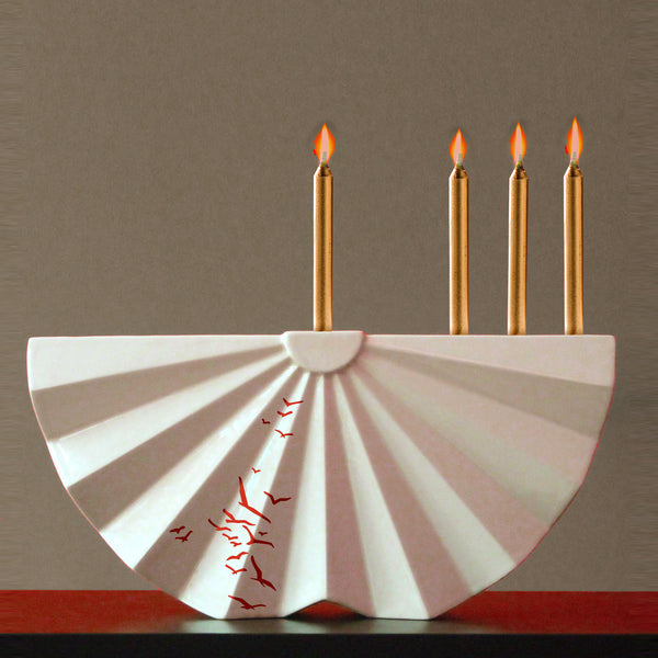 Outlet - Hanukkah Menorah Modern geometric Judaica - White ceramic with Red Birds pattern Contemporary Judaica Chanukah &wedding gift - on SALE