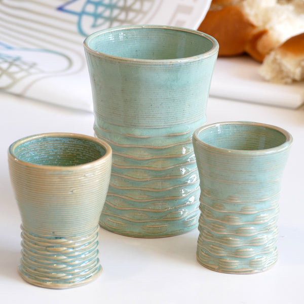 Early Bird Sale- Shabbat Table Set - Kiddush Cup and Six Small Wine Goblets - 3D Printed Clay - Mint Eclectic