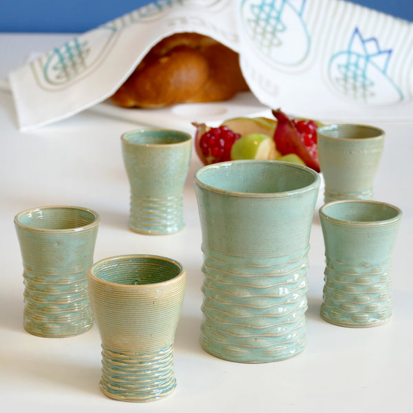 Early Bird Sale- Shabbat Table Set - Kiddush Cup and Six Small Wine Goblets - 3D Printed Clay - Mint Eclectic