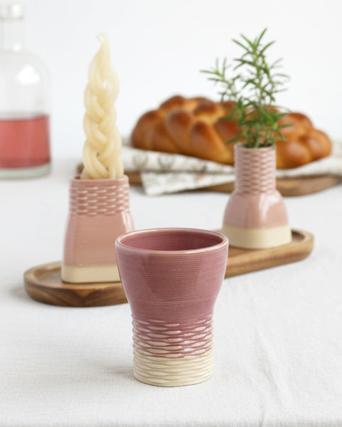 Havdalah Set, Wine Cup, Besamim- Spices Holder, Candleholder, 3D Printed Beige Clay, Pink Glaze