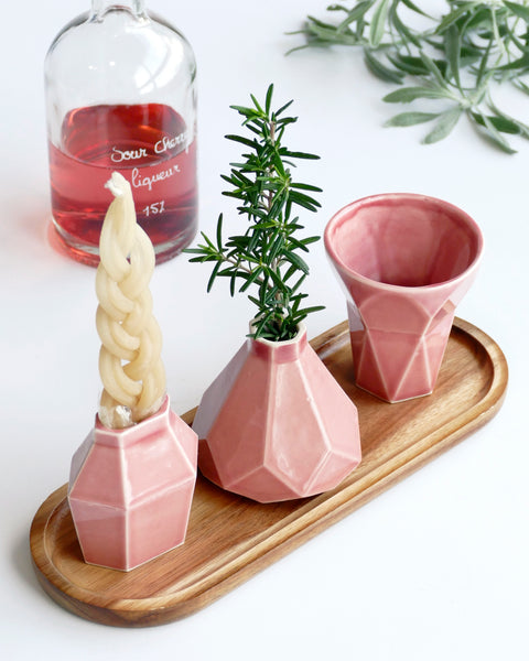 Havdalah Set - Ceramic, Pink Glaze Cup, Candle holder, Besamim Spices Holder and Bamboo Plate