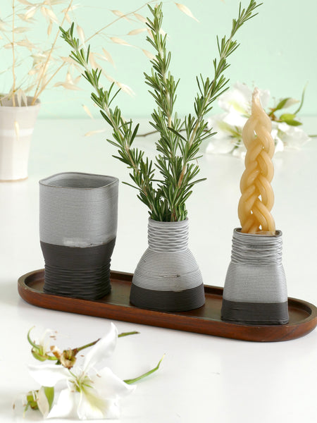 This elegant Havdalah set is created in a unique method by a clay 3D Printer.
It consists of all items needed for a Havdalah weekly ritual: a wine cup, a candleholder, Besamim holder, and a matching bamboo plate.