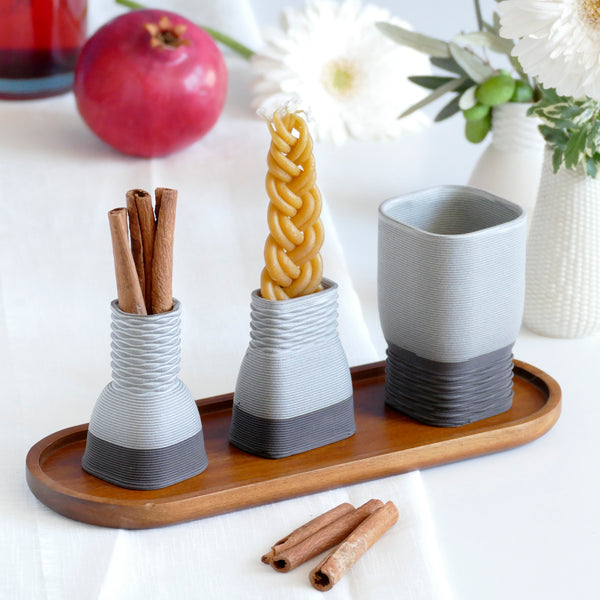 Black Havdalah Set, 3D Printed in Clay, Wine Cup, Besamim- Spices Holder, Candleholder, Black Clay judaica , with Bamboo Oval Plate