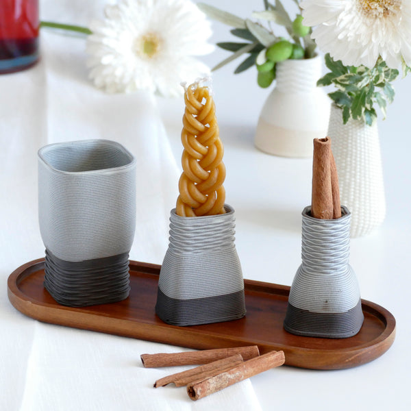 Black Havdalah Set, 3D Printed in Clay, Wine Cup, Besamim- Spices Holder, Candleholder, Black Clay judaica , with Bamboo Oval Plate