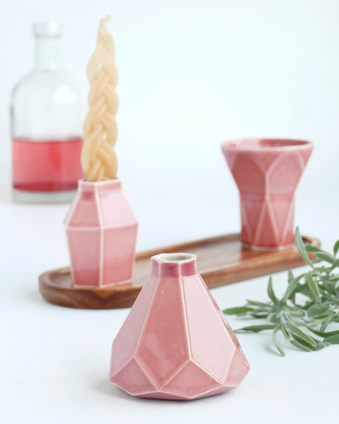ceramic Havdalah set, consist of all items needed for a Havdalah weekly ritual - a wine cup, a candleholder and Besamim holder - all made of ceramic, glazed in glossy ancient pink glaze.

An oval bamboo plate - to hold all set parts together and to collect wine drops, is included.
