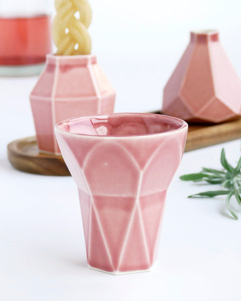 Modern geometric Judaica set - ceramic Havdalah set, consist of all items needed for a Havdalah weekly ritual - a wine cup, a candleholder and Besamim holder - all made of ceramic, glazed in glossy ancient pink glaze.

An oval bamboo plate - to hold all set parts together and to collect wine drops, is included.