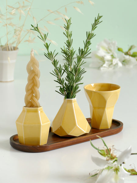 Geometric Havdalah Set - Yellos Ceramic, Cup, Candleholder, 'Besamim' Spices Holder and Bamboo Plate