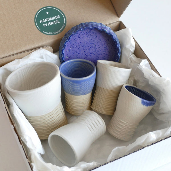 Shabbat Mystery Box - Family Set of Kiddush Cups - 1 Large and 4 Small Goblets, 3D Printed Clay, Surprise Glaze Shades in Blue and White