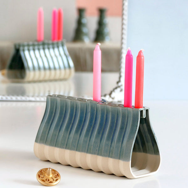 Innovative 3D Printed Clay Menorah, Contemporary Judaica for Chanukah, Sand Shade Clay with Glossy Emerald Glaze, Hanukkah Gift