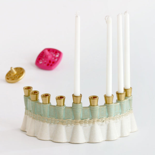 Early Bird 25% Off - Hanukkah Menorah for Early Adopters - 3D Printed Clay - Wavy Pattern with Off - White and Mint Glaze