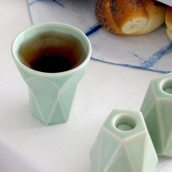 Shabbat Kiddush Cup - Modern Minimalist Aqua Green Ceramic - Geometric Style