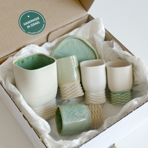 Shabbat Mystery Box - Set of Square Kiddush Cups - 1 Large and 4 Small Goblets, a Plate 3D Printed Clay, Surprise Shades of Mint and White