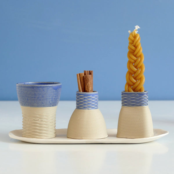 This elegant Havdalah set is created in a unique method by a clay 3D Printer. Enjoy now - for a limited time only - Early Bird Sale of 3D Printed Clay Havdalah set, in natural sand shade and royal blue glaze.